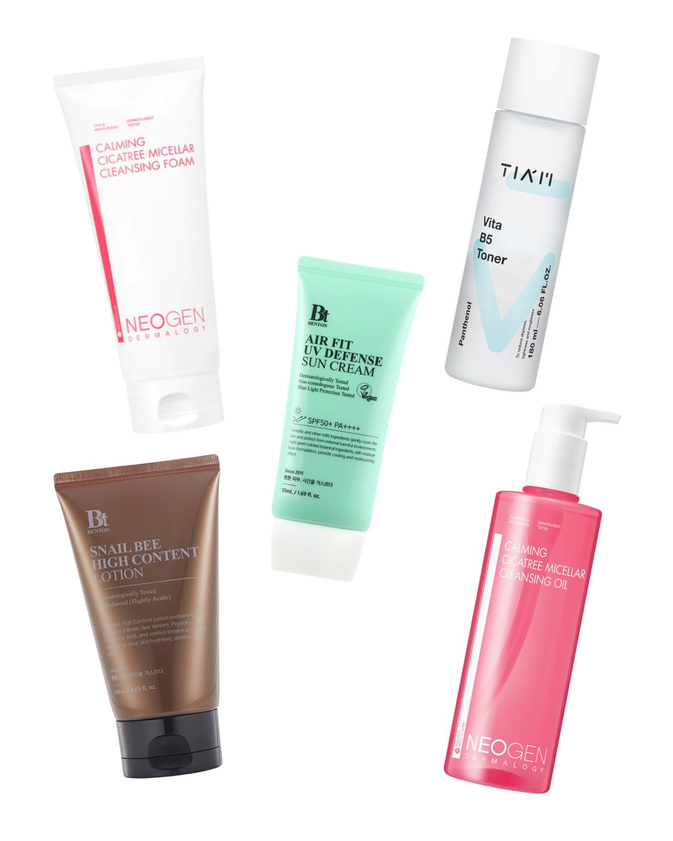 routine de base spéciale peau mixte composée de cinq produits, de la marque neogen, benton, et tia'm